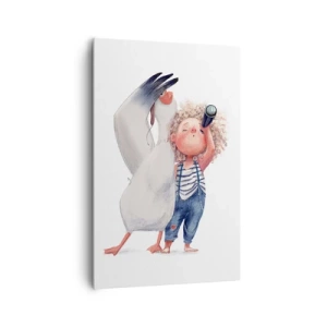 Quadro su tela - Stampe su Tela - Illustrazione di un bambino con un pellicano e un telescopio in mano - 80x120cm - Il progetto di un grande viaggio - Decorazione murale moderna per soggiorno e camera da letto ARTTOR