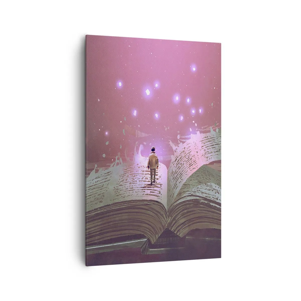 Quadro su tela - Stampe su Tela - Una figura cammina su un libro aperto in una luce magica. - 80x120cm - Invito ad un altro mondo: leggi! - Decorazione murale moderna per soggiorno e camera da letto ARTTOR