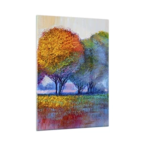 Quadro su vetro - Alberi colorati nei colori autunnali contro un cielo blu - 50x70cm - Ciuffo di colori brillanti - Decorazione murale moderna per soggiorno e camera da letto ARTTOR
