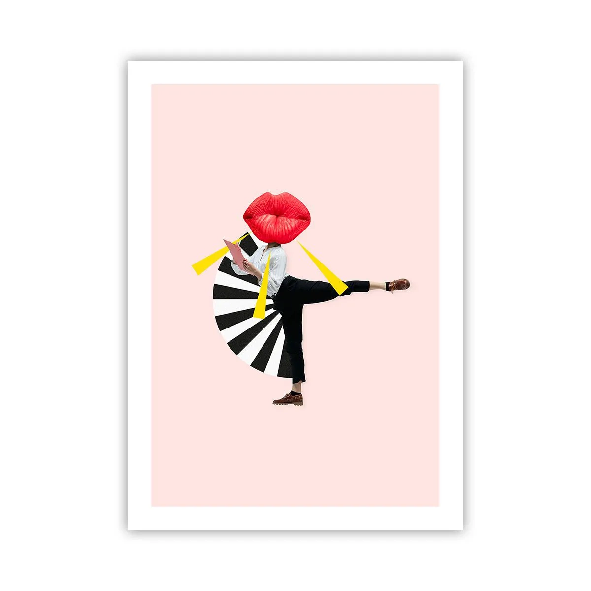 Poster - Una composizione surreale con labbra ed elementi geometrici su uno sfondo rosa. - 50x70cm - Pop-art surrealistica - Decorazione murale moderna per soggiorno e camera da letto ARTTOR