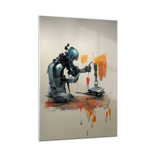 Quadro su vetro - Un robot che dipinge una mano meccanica su uno sfondo astratto. - 50x70cm - È già domani... - Decorazione murale moderna per soggiorno e camera da letto ARTTOR