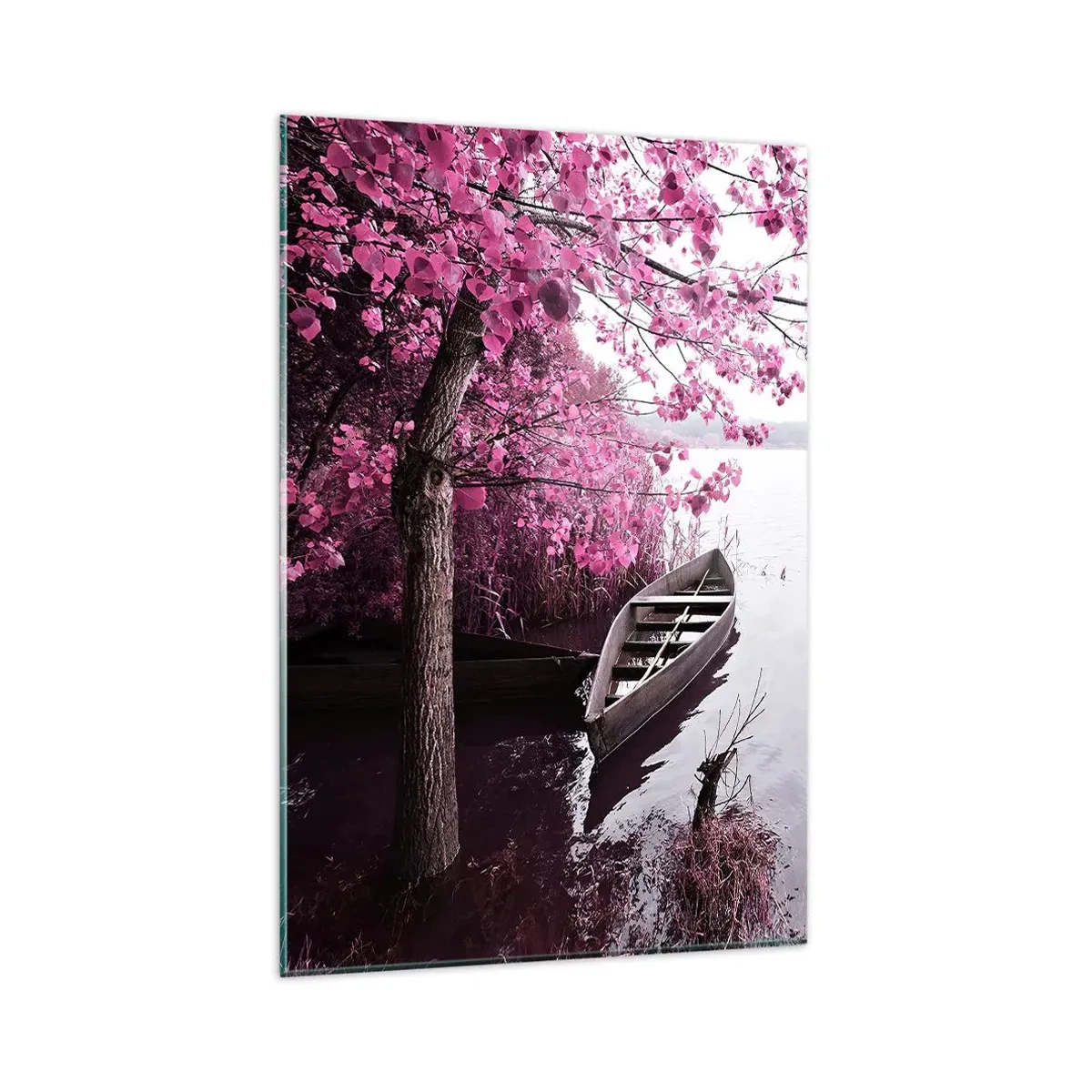 Quadro su vetro - Una barca sulla riva di un lago tra alberi rosa - 80x120cm - Nel silenzio rosa - Decorazione murale moderna per soggiorno e camera da letto ARTTOR