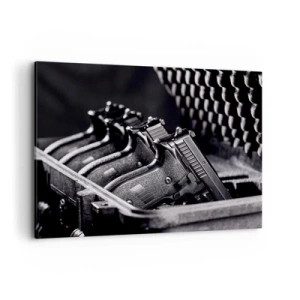 Quadro su tela - Stampe su Tela - Un'immagine in bianco e nero di una pila di armi in una valigia. - 100x70cm - Sport maschile - Decorazione murale moderna per soggiorno e camera da letto ARTTOR