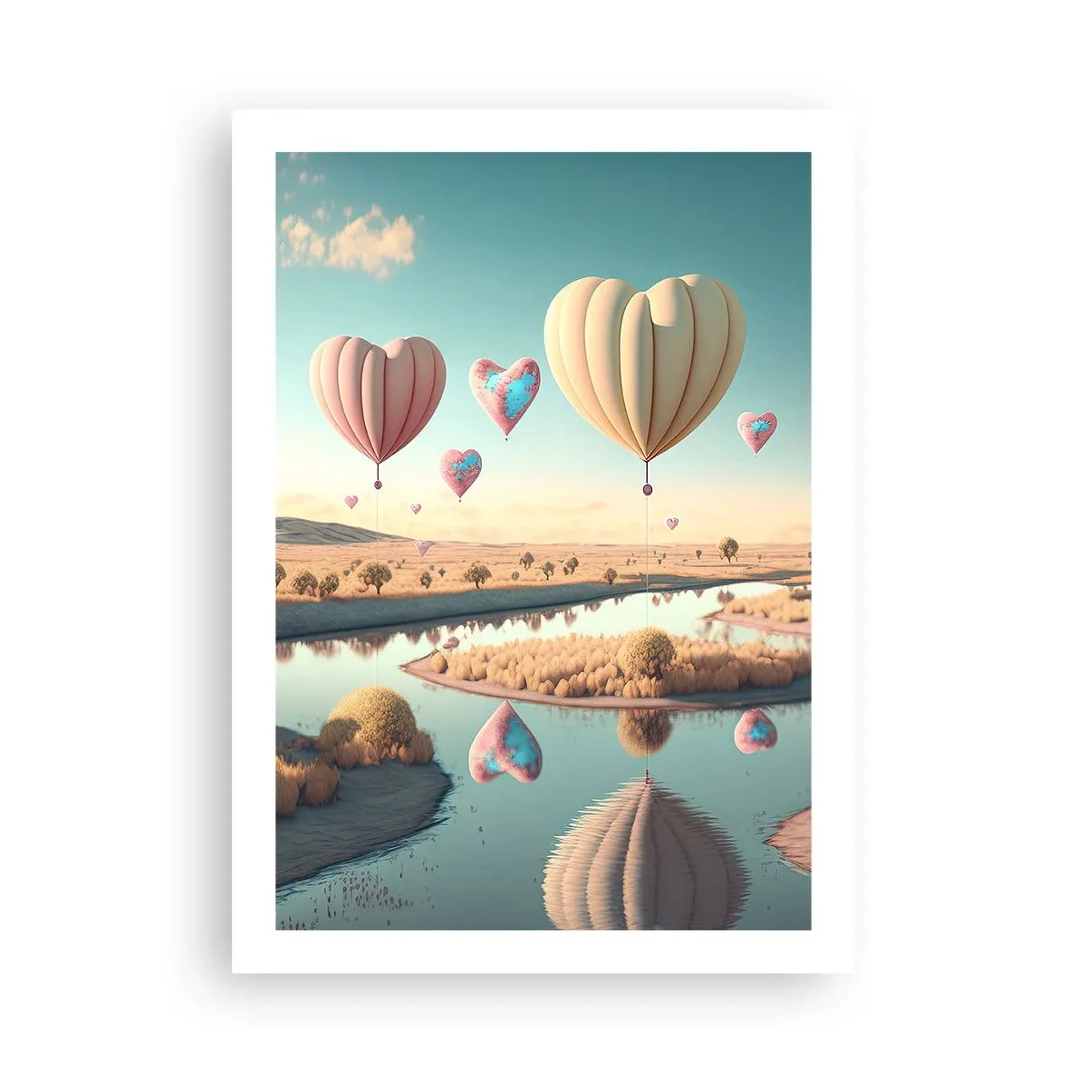 Poster - Palloncini a forma di cuore che fluttuano sopra il paesaggio - 50x70cm - L'amore permette di volare - Decorazione murale moderna per soggiorno e camera da letto ARTTOR