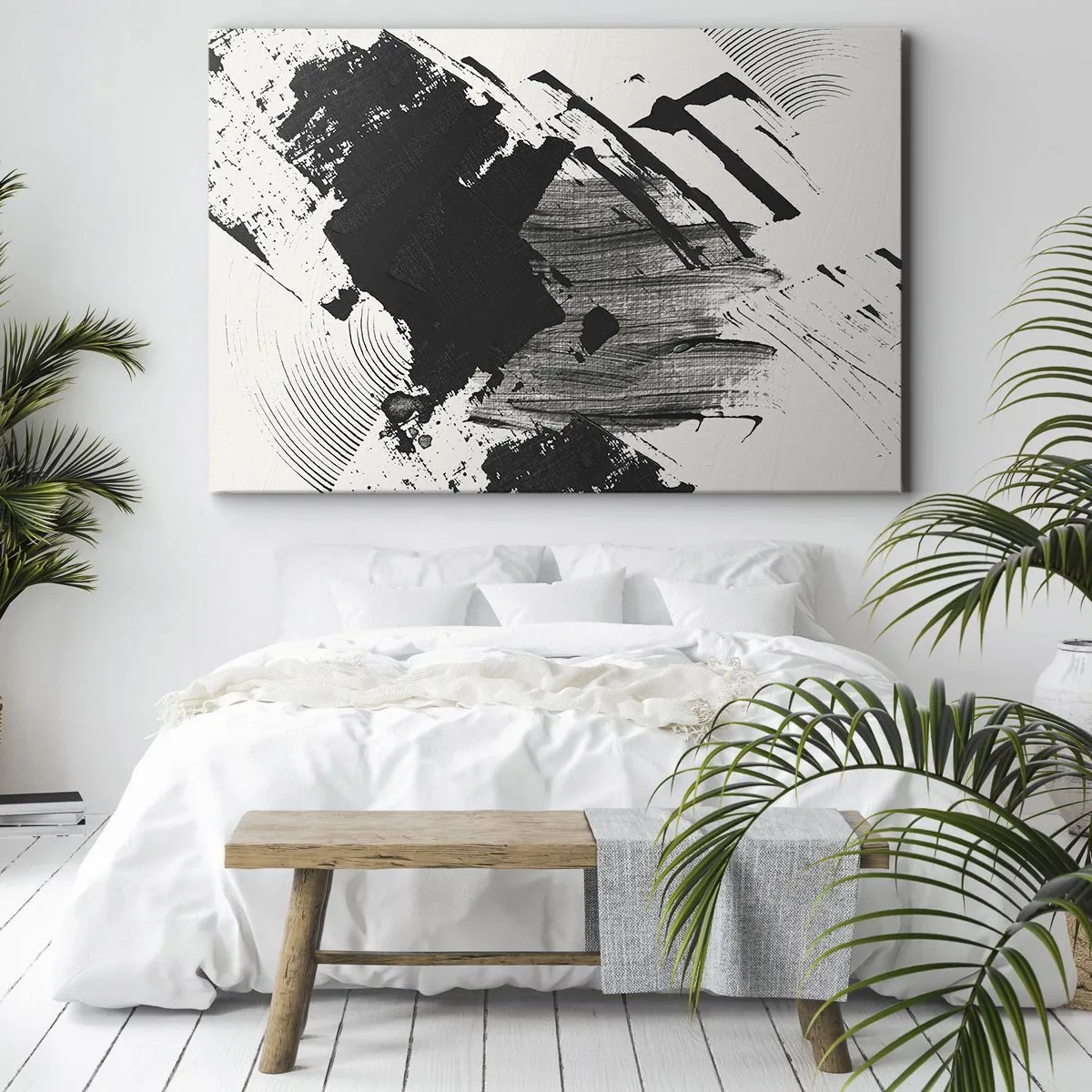 Quadro su tela - Stampe su Tela - Pennellate astratte di nero su sfondo bianco - 120x80cm - Astrazione: espressione di nero - Decorazione murale moderna per soggiorno e camera da letto ARTTOR