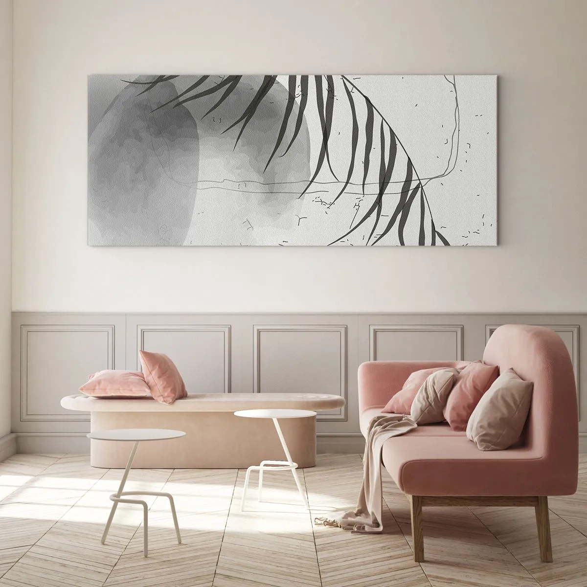 Quadro su vetro - Un delicato motivo a foglie di palma su uno sfondo chiaro in stile scandinavo. - 140x50cm - La delicata esoticità della natura - Decorazione murale moderna per soggiorno e camera da letto ARTTOR