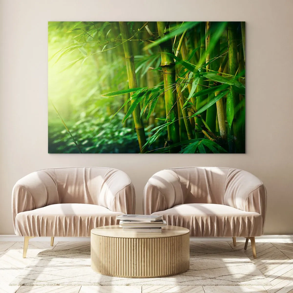 Quadro su vetro - Foresta di bambù verde al sole - 70x50cm - Conoscere il verde in sé - Decorazione murale moderna per soggiorno e camera da letto ARTTOR
