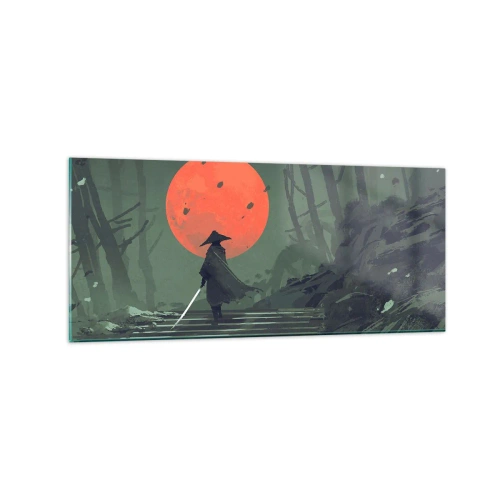 Quadro su vetro - Un guerriero solitario con una spada sullo sfondo di una luna rossa in una foresta oscura. - 120x50cm - Il guerriero della luna rossa - Decorazione murale moderna per soggiorno e camera da letto ARTTOR