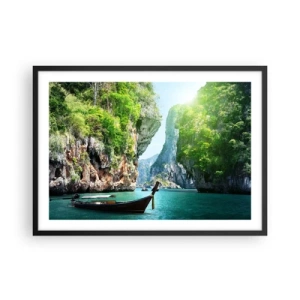 Poster in cornice nera - Una barca tradizionale sullo sfondo di scogliere tropicali e acque turchesi - 70x50cm - Invito a un viaggio esotico - Decorazione murale moderna per soggiorno e camera da letto ARTTOR