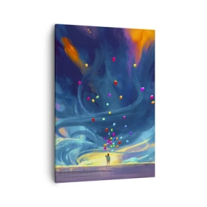Quadro su tela - Stampe su Tela - Una figura con palloncini su uno sfondo di nuvole colorate e vorticose - 50x70cm - Sul vento blu - Decorazione murale moderna per soggiorno e camera da letto ARTTOR