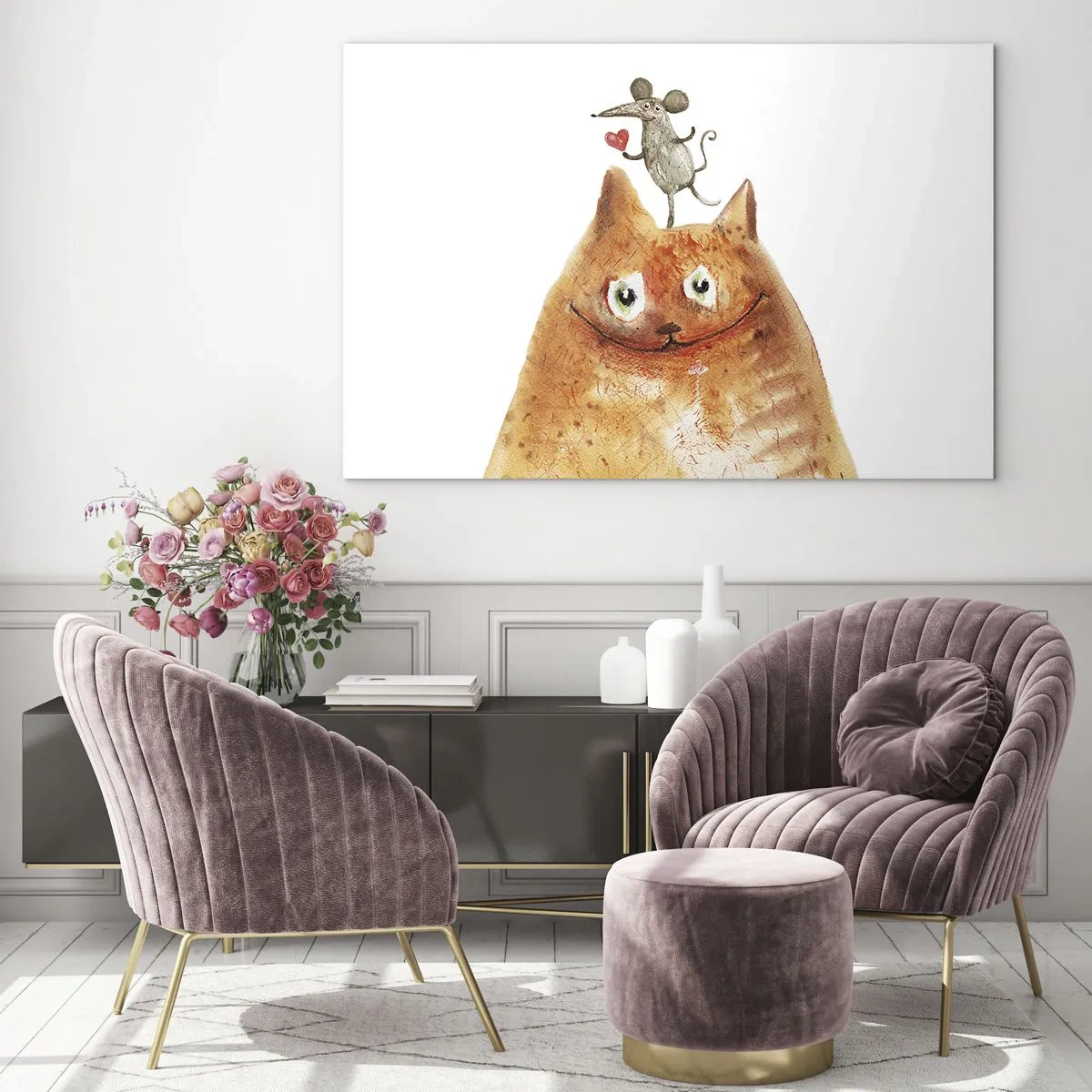 Quadro su vetro - Un gatto con un topo sulla testa in stile umoristico - 100x70cm - I paradossi dell'amore - Decorazione murale moderna per soggiorno e camera da letto ARTTOR