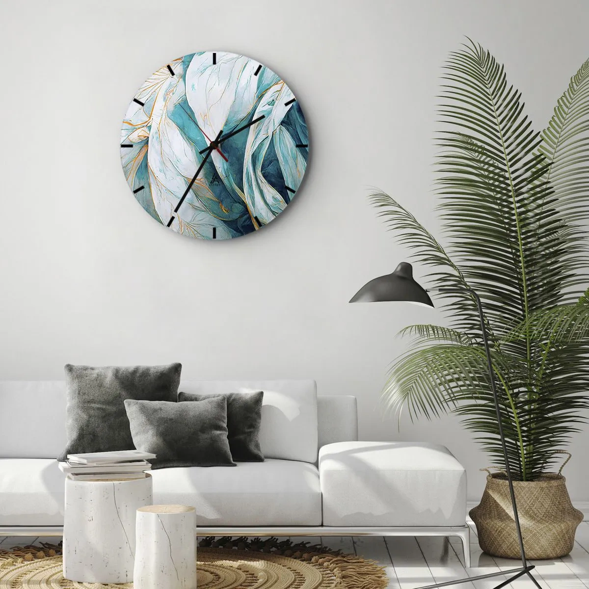 Orologio da parete - Orologio in Vetro - Linee dorate su sfondo blu e bianco dalla consistenza morbida. - 30x30cm - Astrazione blu con motivi d'oro - Decorazione murale moderna per soggiorno, cucina e camera da letto ARTTOR