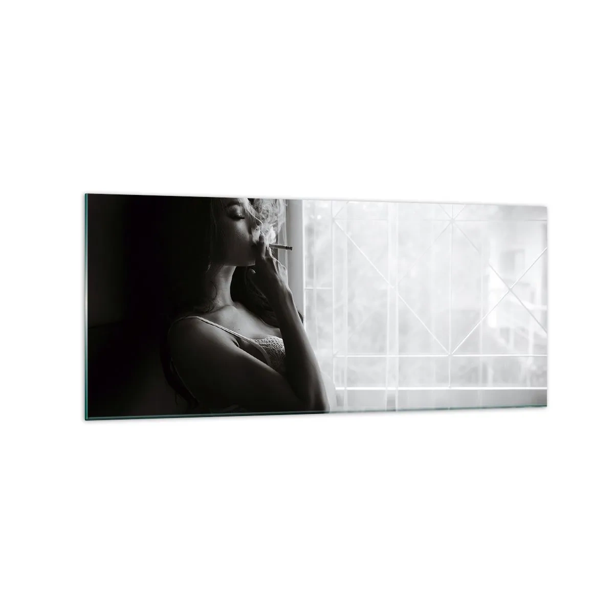 Quadro su vetro - Una donna in posa sensuale in una fotografia in bianco e nero - 120x50cm - Attimo sensuale - Decorazione murale moderna per soggiorno e camera da letto ARTTOR