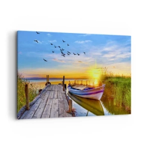 Quadro su tela - Stampe su Tela - Una barca su un molo di legno al tramonto - 120x80cm - A domani - Decorazione murale moderna per soggiorno e camera da letto ARTTOR
