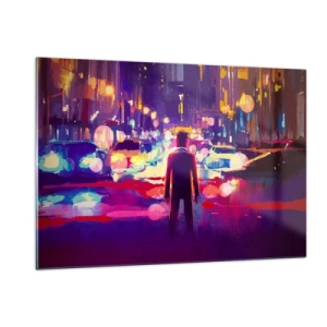 Quadro su vetro - Una figura in una colorata luce notturna cittadina in stile futuristico - 120x80cm - Immerso nella luce - Decorazione murale moderna per soggiorno e camera da letto ARTTOR