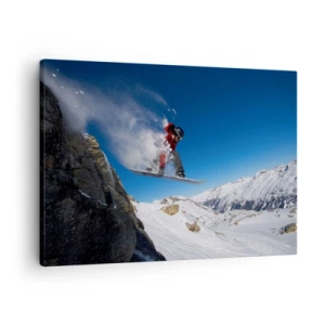 Quadro su tela - Stampe su Tela - Uno snowboarder salta da una roccia contro un paesaggio montano - 70x50cm - E diventi parte del panorama - Decorazione murale moderna per soggiorno e camera da letto ARTTOR