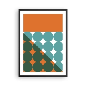 Poster in cornice nera - Composizione geometrica astratta con cerchi nelle tonalità dell'arancione e del verde. - 50x70cm - In alto obliquo - Decorazione murale moderna per soggiorno e camera da letto ARTTOR