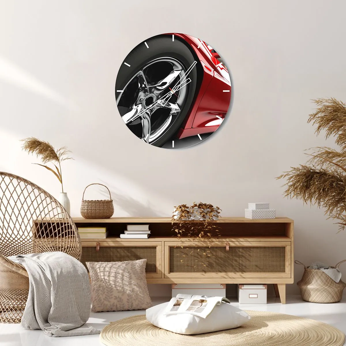Orologio da parete - Orologio in Vetro - Primo piano dei cerchi cromati di un'auto rossa - 30x30cm - Fatta per la velocità - Decorazione murale moderna per soggiorno, cucina e camera da letto ARTTOR