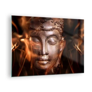 Quadro su vetro - Il volto nebuloso del Buddha nelle calde tonalità dell'oro e del marrone - 70x50cm - Esiste solo qui e ora - Decorazione murale moderna per soggiorno e camera da letto ARTTOR