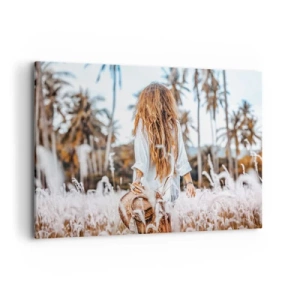 Quadro su tela - Stampe su Tela - Una donna in un campo d'erba con palme sullo sfondo al tramonto - 100x70cm - Nata dalla lanugine dell'erba - Decorazione murale moderna per soggiorno e camera da letto ARTTOR