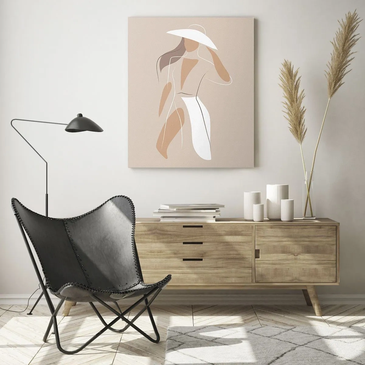 Quadro su vetro - Figura stilizzata di una donna con un cappello bianco - 50x70cm - La moda è un gioco - Decorazione murale moderna per soggiorno e camera da letto ARTTOR