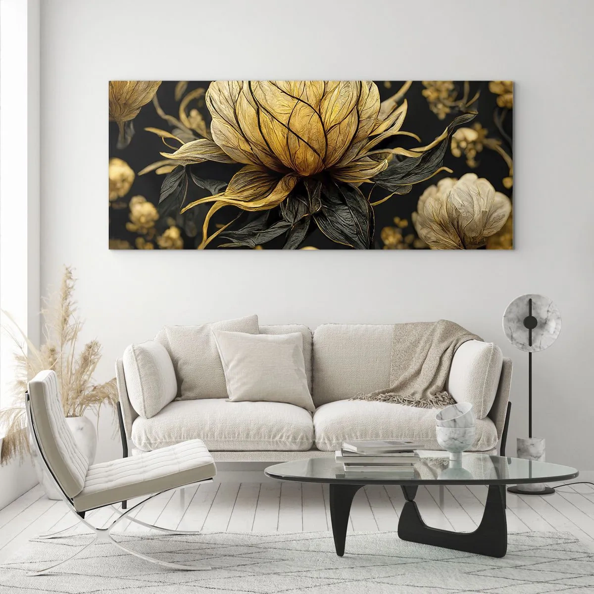 Quadro su vetro - Fiore dorato su sfondo scuro - 120x50cm - Delicata fragilità - Decorazione murale moderna per soggiorno e camera da letto ARTTOR