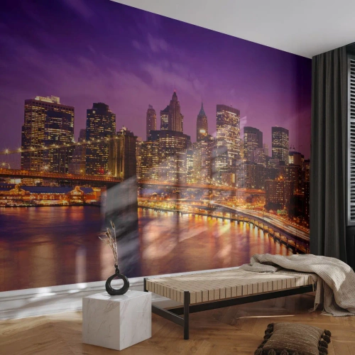 Fotomurali Premium Sand - Manhattan in viola e oro - Città, New York, Architettura - 200x140 cm