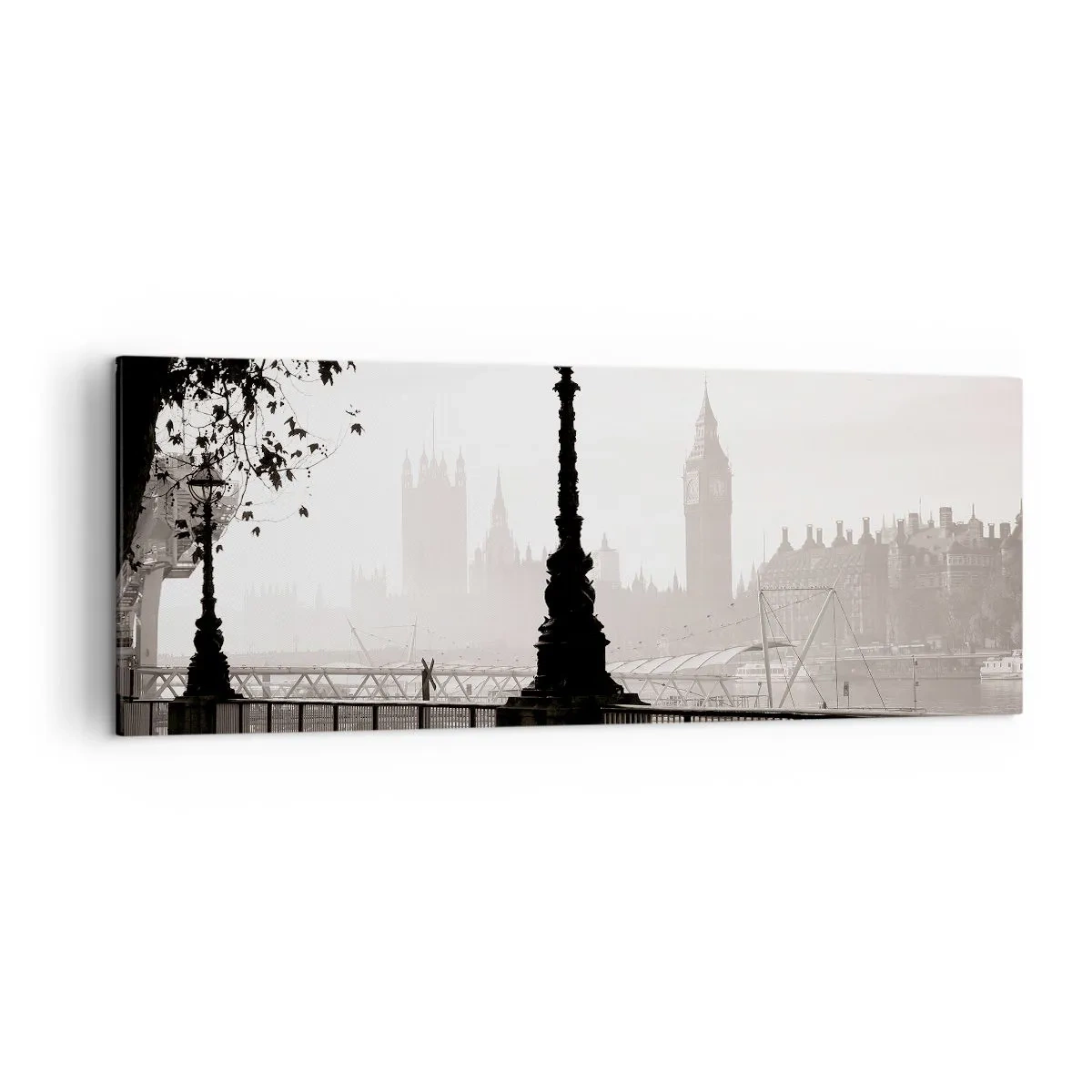 Quadro su tela - Stampe su Tela - Una vista monocromatica del Big Ben e del Tamigi. - 140x50cm - Un mattino a Londra - Decorazione murale moderna per soggiorno e camera da letto ARTTOR