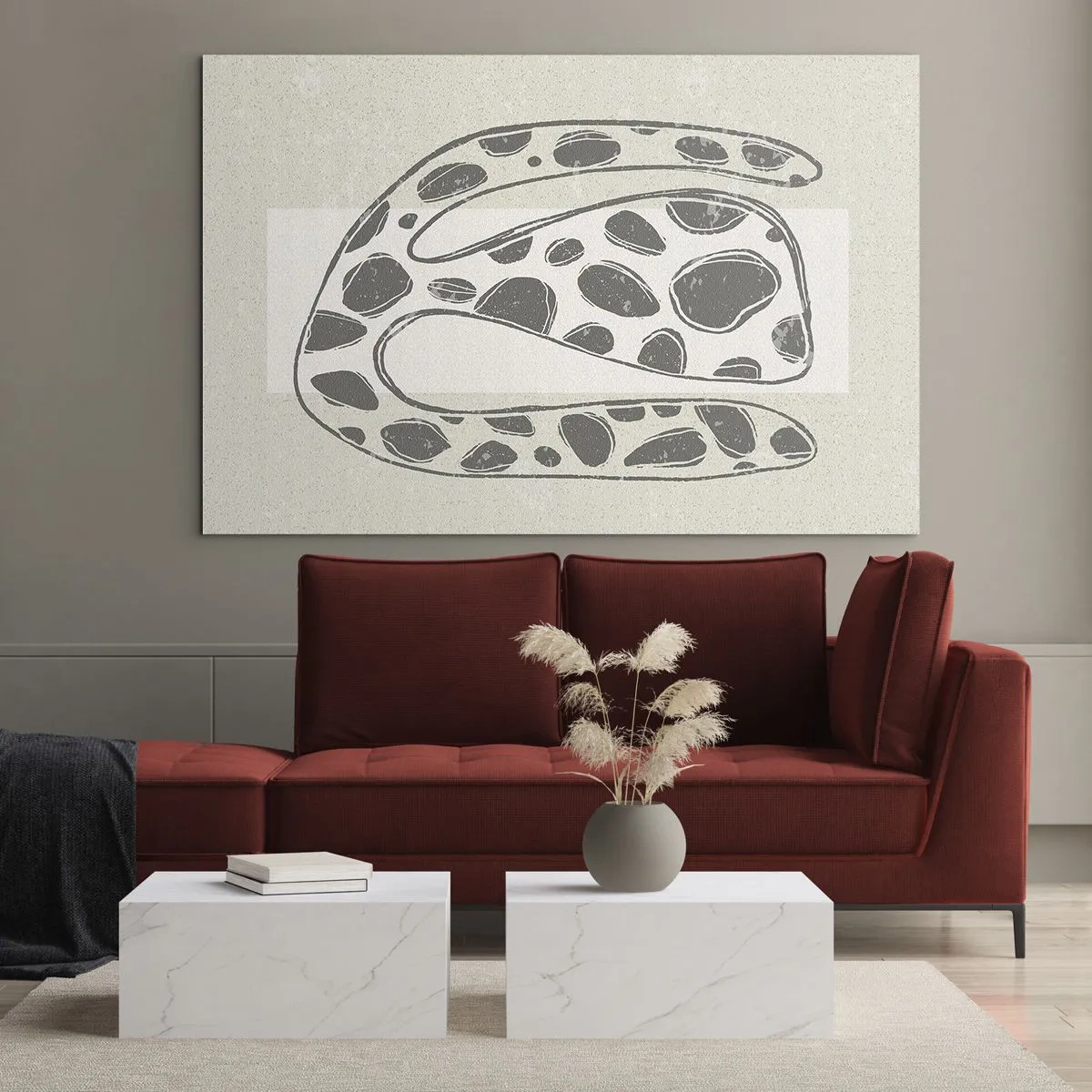 Quadro su vetro - Una fantasiosa forma organica nei toni del grigio su beige - 70x50cm - Creatura stranissima - Decorazione murale moderna per soggiorno e camera da letto ARTTOR