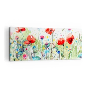 Quadro su tela - Stampe su Tela - Un prato con papaveri rossi e fiori colorati in acquerello - 120x50cm - Il prato fiorito a maggio - Decorazione murale moderna per soggiorno e camera da letto ARTTOR