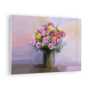 Quadro su vetro - Un mazzo di rose in un vaso di vetro su uno sfondo pastello - 70x50cm - Bellezza immobile - Decorazione murale moderna per soggiorno e camera da letto ARTTOR