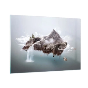 Quadro su vetro - Un'isola di montagna galleggiante con una cascata in stile surreale. - 100x70cm - Con l'occhio del surrealista - Decorazione murale moderna per soggiorno e camera da letto ARTTOR