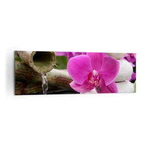 Quadro su tela - Stampe su Tela - Orchidea viola, pietre e bambù con acqua in un ambiente rilassante - 160x50cm - E già ti riposi - Decorazione murale moderna per soggiorno e camera da letto ARTTOR
