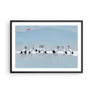 Poster in cornice nera - Un gruppo di gru contro un cielo azzurro e il sole nascente - 70x50cm - Dopo un giorno rovente - Decorazione murale moderna per soggiorno e camera da letto ARTTOR