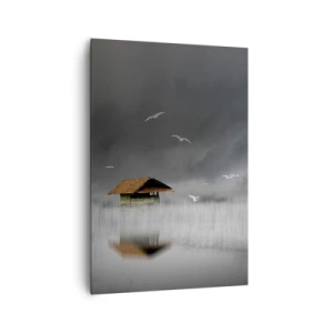 Quadro su tela - Stampe su Tela - Un cottage solitario sull'acqua circondato da nebbia e uccelli - 70x100cm - Riparo dalla pioggia - Decorazione murale moderna per soggiorno e camera da letto ARTTOR