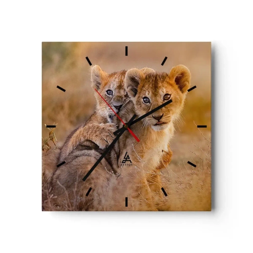 Orologio da parete - Orologio in Vetro - Adorabili cuccioli di leone nel loro ambiente naturale - 30x30cm - Non disturbare! Giochiamo - Decorazione murale moderna per soggiorno e camera da letto ARTTOR
