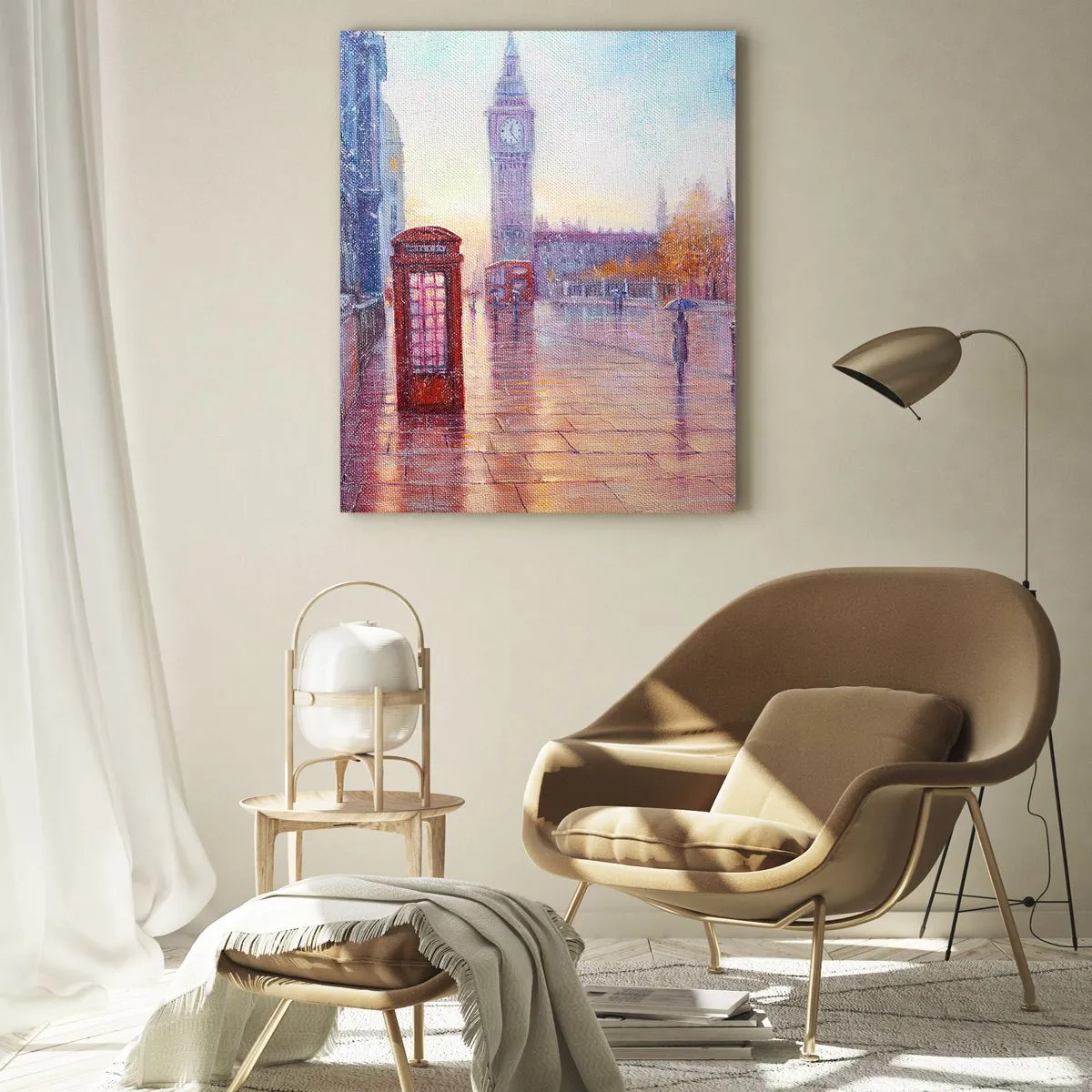 Quadro su vetro - Strada di Londra con il Big Ben in una giornata piovosa - 80x120cm - Giorno d'autunno a Londra - Decorazione murale moderna per soggiorno e camera da letto ARTTOR