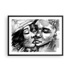 Poster in cornice nera - Un acquerello in bianco e nero che raffigura un momento intimo tra due persone. - 70x50cm - Un attimo di tenerezza - Decorazione murale moderna per soggiorno e camera da letto ARTTOR