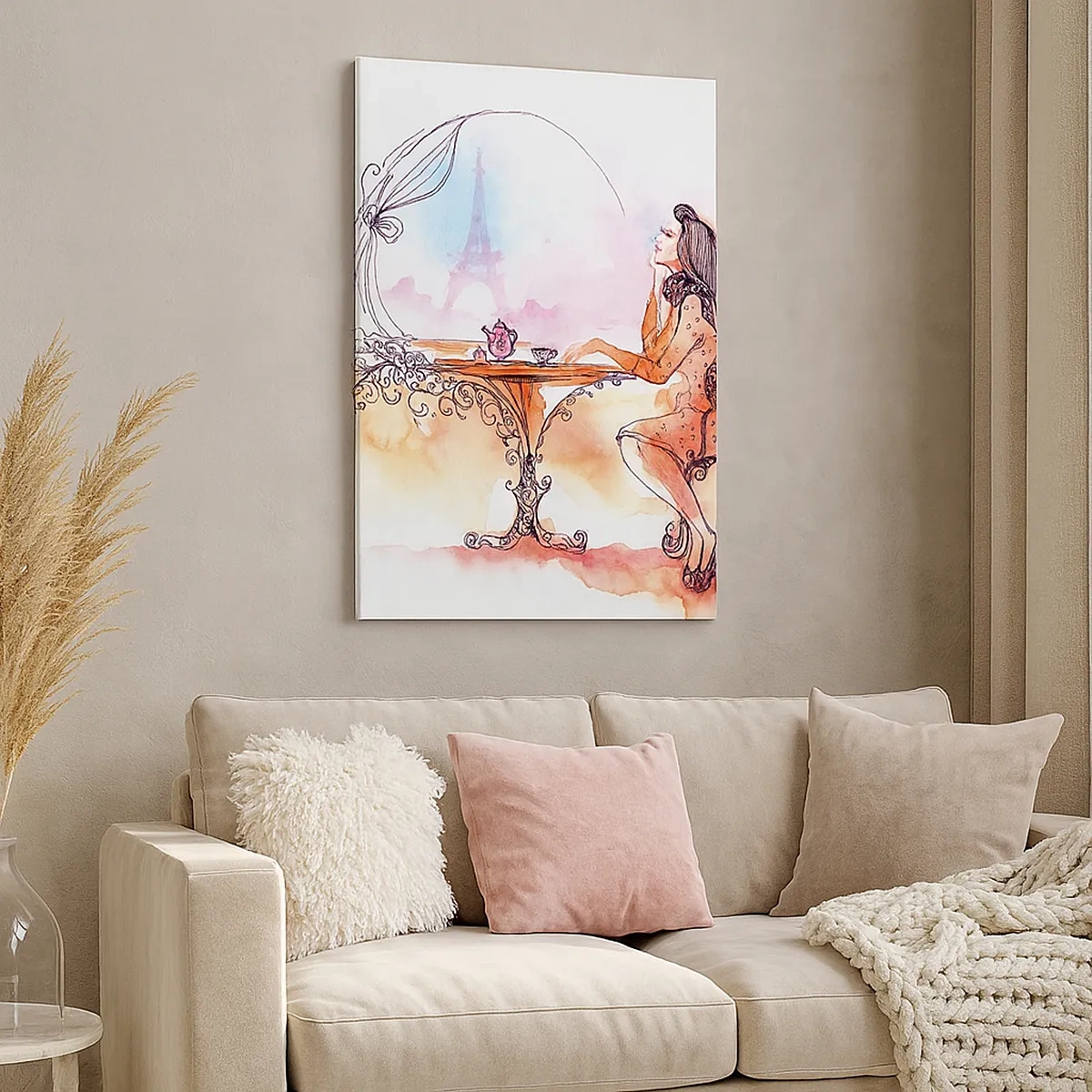 Quadro su tela - Stampe su Tela - Acquerello romantico di una donna in un caffè con vista su una torre - 50x70cm - Chic parigino - Decorazione murale moderna per soggiorno e camera da letto ARTTOR