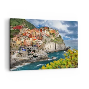 Quadro su tela - Stampe su Tela - Case colorate su una scogliera a picco sul mare nelle Cinque Terre - 100x70cm - Aggrappate alla roccia - Decorazione murale moderna per soggiorno e camera da letto ARTTOR