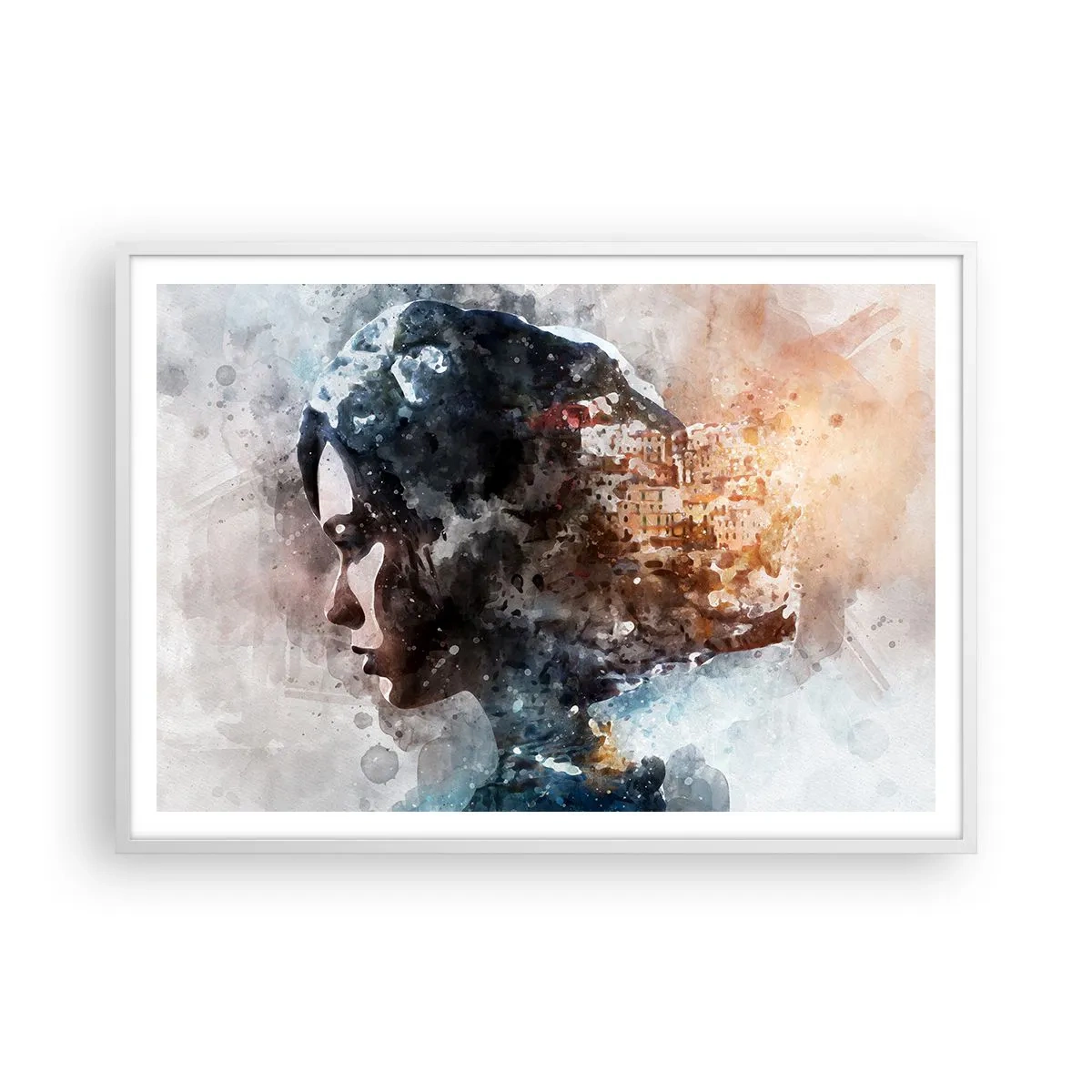 Poster in cornice bianca - Racconto su una ragazza con città sullo sfondo - 100x70 cm