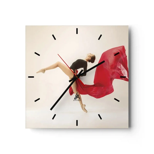 Orologio da parete - Orologio in Vetro - Una ballerina dinamica in movimento con un abito nero e tessuto rosso. - 30x30cm - Rosso e nero - Decorazione murale moderna per soggiorno e camera da letto ARTTOR