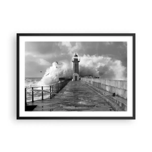 Poster in cornice nera - Un faro circondato dalle onde durante una tempesta - 70x50cm - Senza paura - Decorazione murale moderna per soggiorno e camera da letto ARTTOR