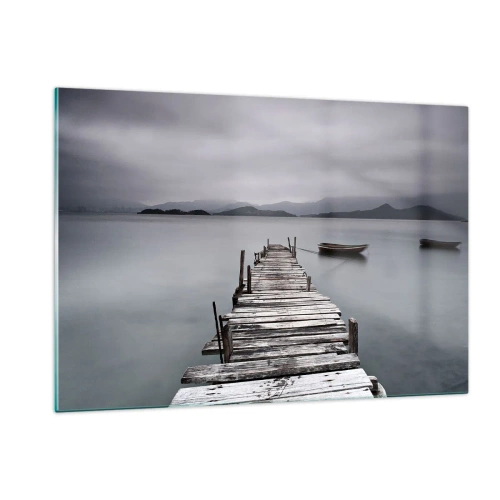 Quadro su vetro - Un molo di legno su un lago in una giornata nebbiosa - 120x80cm - Domani puoi partire - Decorazione murale moderna per soggiorno e camera da letto ARTTOR
