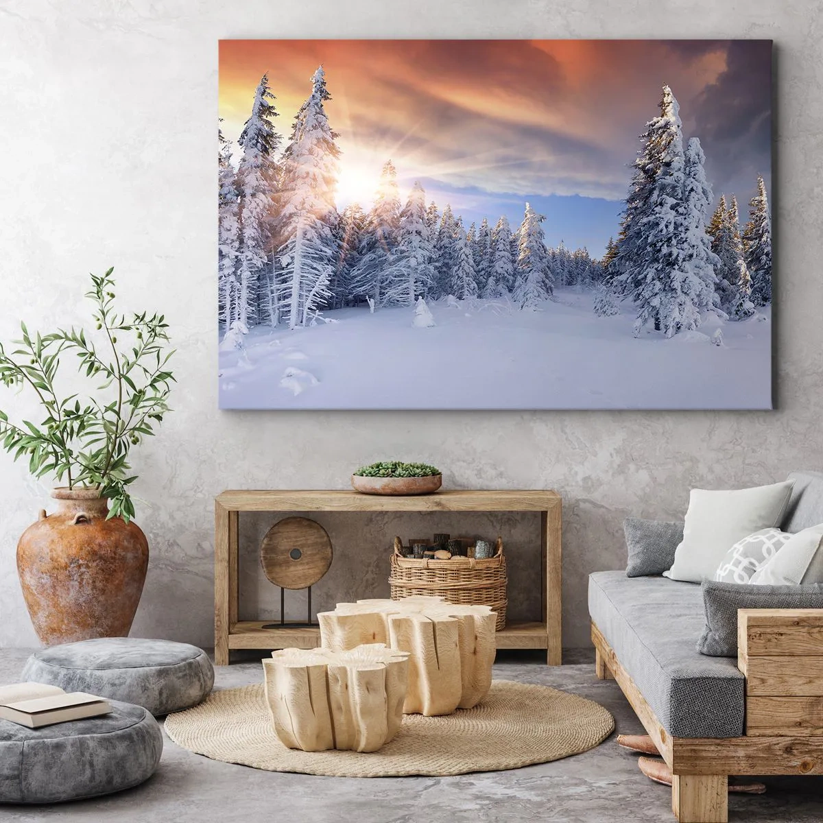 Quadro su tela - Stampe su Tela - Paesaggio invernale con foresta innevata al tramonto - 70x50cm - Spettacolo innevato della natura - Decorazione murale moderna per soggiorno e camera da letto ARTTOR