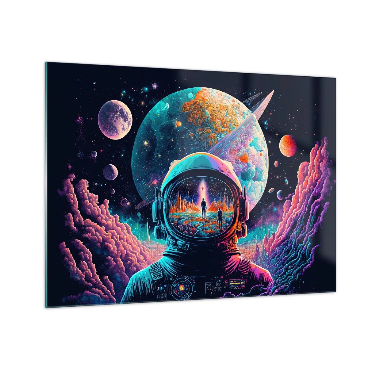 Quadro su vetro - Un paesaggio spaziale con un astronauta e un pianeta surreale. - 70x50cm - I filosofi non l'avevano pensato - Decorazione murale moderna per soggiorno e camera da letto ARTTOR