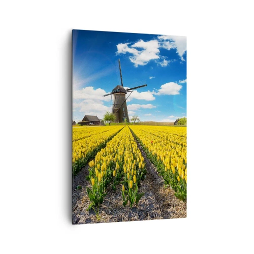 Quadro su tela - Stampe su Tela - Un campo di tulipani gialli con mulini a vento all'orizzonte - 80x120cm - Più olandesi di così non si può - Decorazione murale moderna per soggiorno e camera da letto ARTTOR