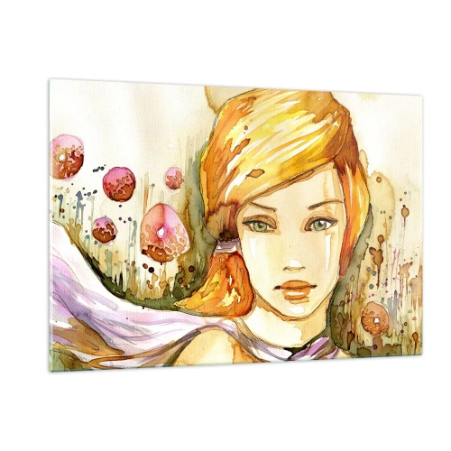 Quadro su vetro - Ritratto di una donna in stile acquerello con astrazione - 120x80cm - Sguardo di smeraldo, che calma l'ira - Decorazione murale moderna per soggiorno e camera da letto ARTTOR