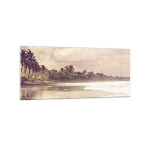 Quadro su vetro - Una spiaggia con palme e onde dolci al mattino - 120x50cm - La carezza delle onde - Decorazione murale moderna per soggiorno e camera da letto ARTTOR