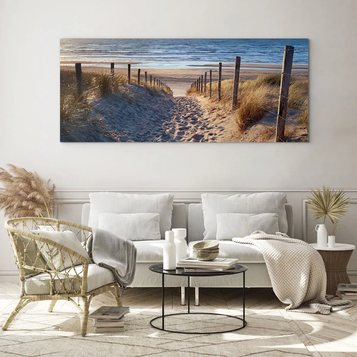 Quadro su vetro - Rumore del mare, uccelli che cantano, spiaggia selvatica tra i cespugli... - 100x40 cm